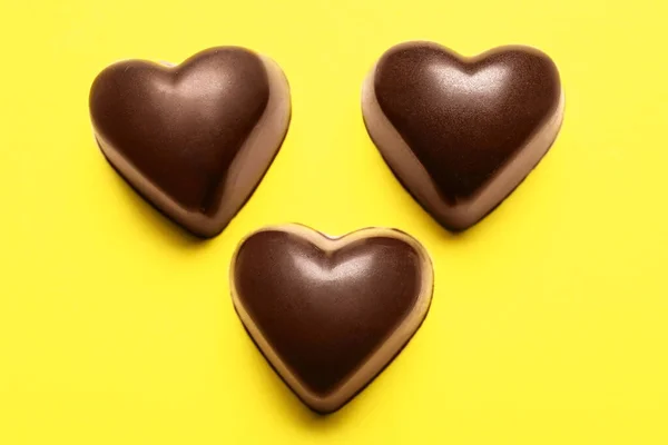 Tasty Heart Shaped Candies Yellow Background — Stock Photo, Image