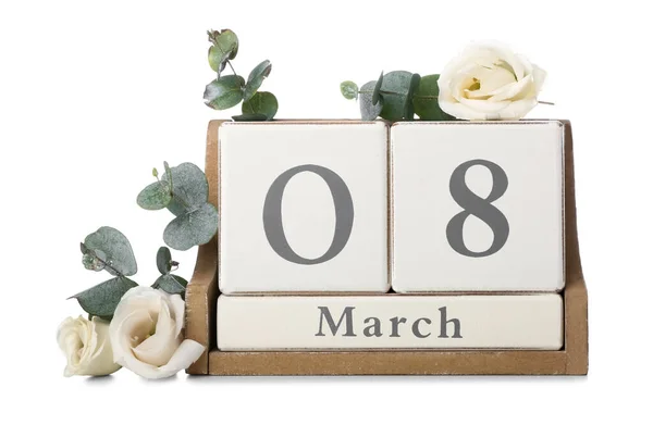 Calendrier Avec Date Journée Internationale Femme Des Fleurs Sur Fond — Photo