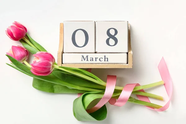 Kalendář Datem Mezinárodního Dne Žen Květin Bílém Pozadí — Stock fotografie