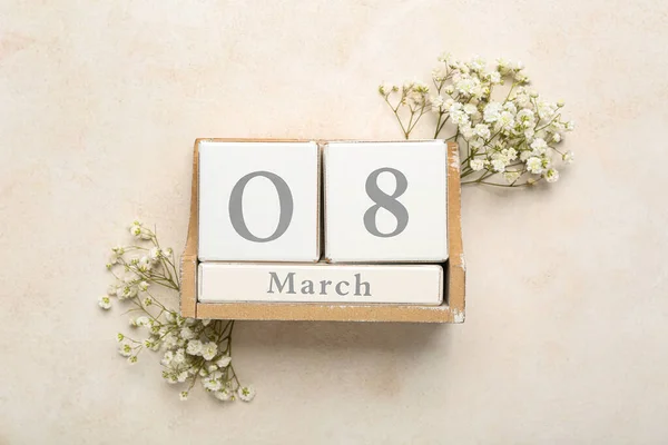 Calendrier Avec Date Journée Internationale Femme Des Fleurs Sur Fond — Photo