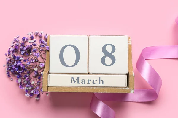 Calendrier Avec Date Journée Internationale Femme Des Fleurs Sur Fond — Photo