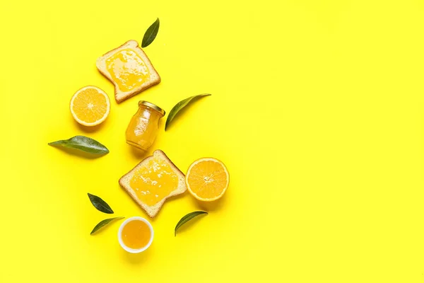 Composition Tasty Orange Jam Bread Yellow Background — Stock Photo, Image