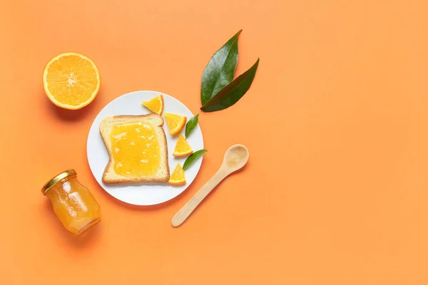 Composition Tasty Orange Jam Toast Color Background — Stock Photo, Image