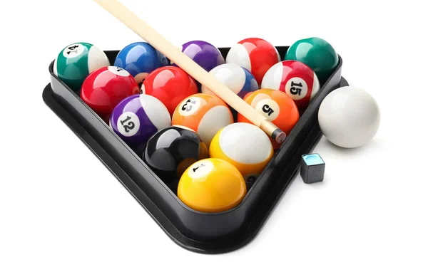 Billiard Balls Triangle Cue White Background — Stock Photo, Image