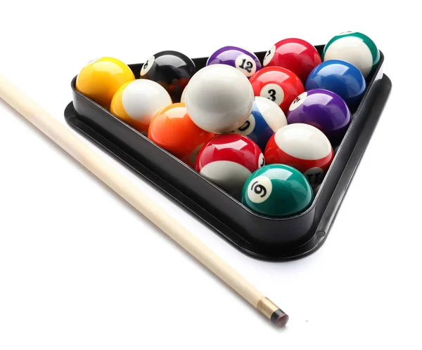 Billiard Balls Triangle Cue White Background — Stock Photo, Image