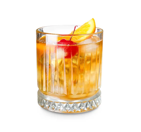 Glas Läckra Gammaldags Cocktail Vit Bakgrund — Stockfoto
