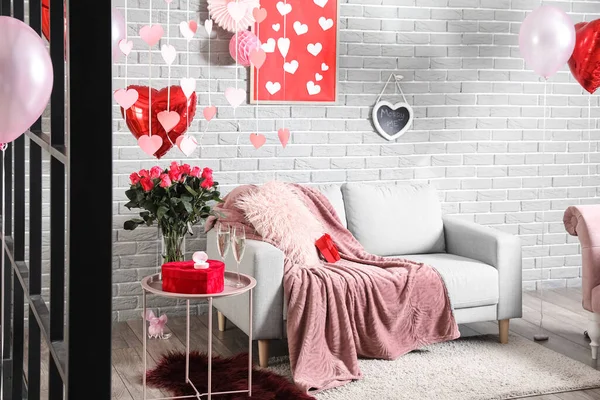 Interieur Des Stilvollen Wohnzimmers Zum Valentinstag Dekoriert — Stockfoto