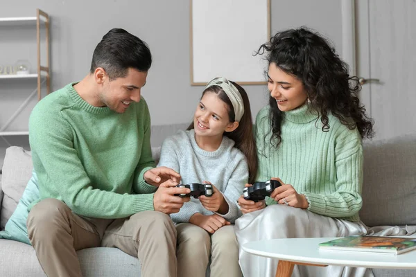 Happy Family Warm Sweaters Game Pads Home — Stock Photo, Image