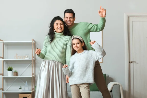 Happy Family Warm Sweaters Dancing Home — Stock Photo, Image