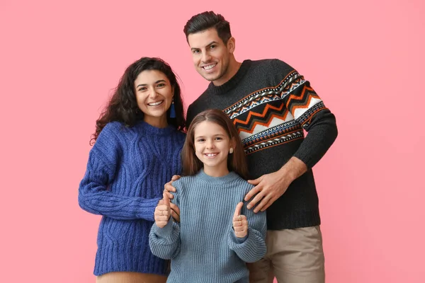 Little Girl Her Parents Warm Sweaters Pink Background — Stock Photo, Image