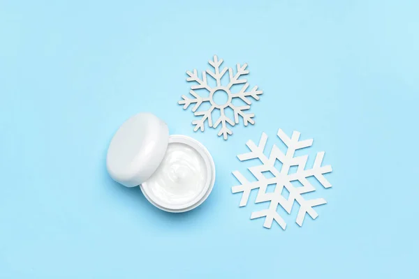 Jar Cream Snowflakes Color Background — Stock Photo, Image