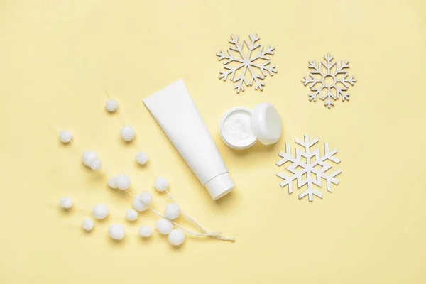 Cosmetic Products Snowflakes Color Background — Stock Photo, Image