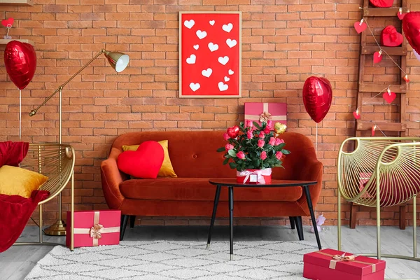 Interior Beautiful Living Room Sofa Roses Decor Valentine Day — Stock Photo, Image