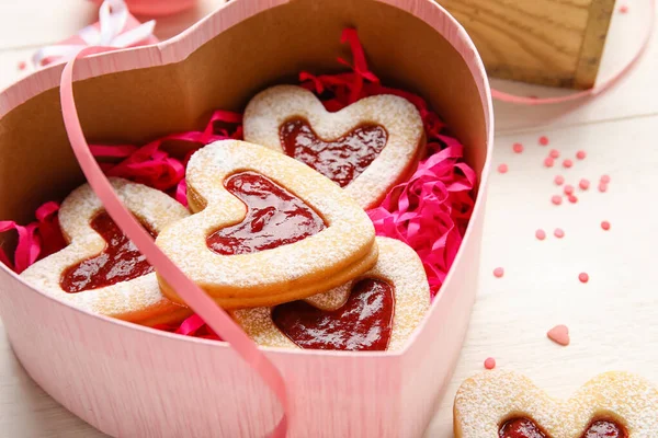 Box Tasty Cookies Heart Shape Light Background — Stock Photo, Image