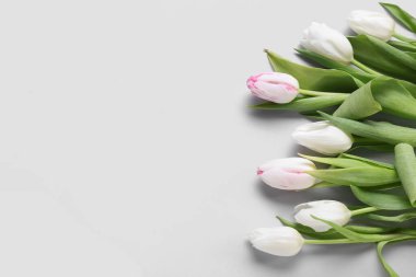 Gri arkaplanda taze lale çiçekleri, yakın plan.