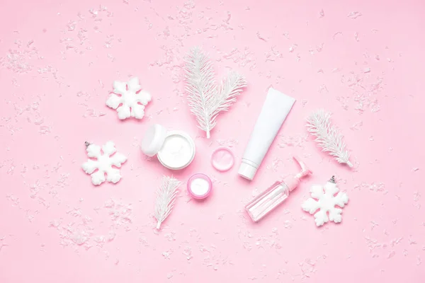 Composition Cosmetic Products Winter Decor Color Background — Stock Photo, Image