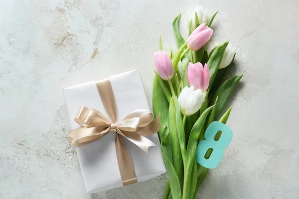 Beautiful Tulip Flowers Gift Box International Women Day Light Background — Stock Photo, Image