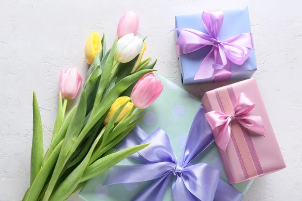 Belles Fleurs Tulipes Boîtes Cadeaux Pour Journée Internationale Femme Sur — Photo