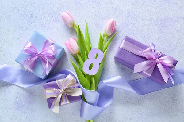 Beautiful Tulip Flowers Gift Boxes International Women Day Light Background — Stock Photo, Image
