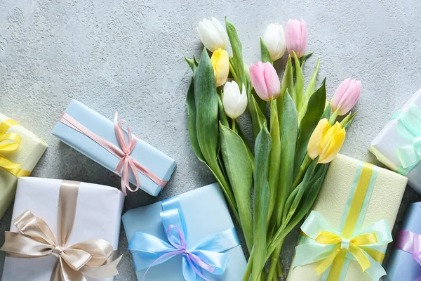 Belles Fleurs Tulipes Coffrets Cadeaux Pour Journée Internationale Femme Sur — Photo