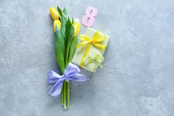 Beautiful Tulip Flowers Gift Boxes International Women Day Grey Background — Stock Photo, Image