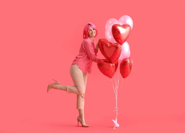 Stylish Woman Bright Hair Air Balloons Color Background Valentine Day — Stock Photo, Image