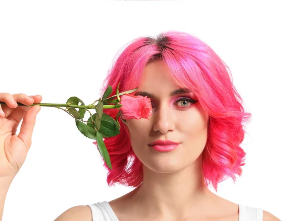 Stilvolle Frau Mit Hellen Haaren Und Rosa Blume Auf Weißem — Stockfoto