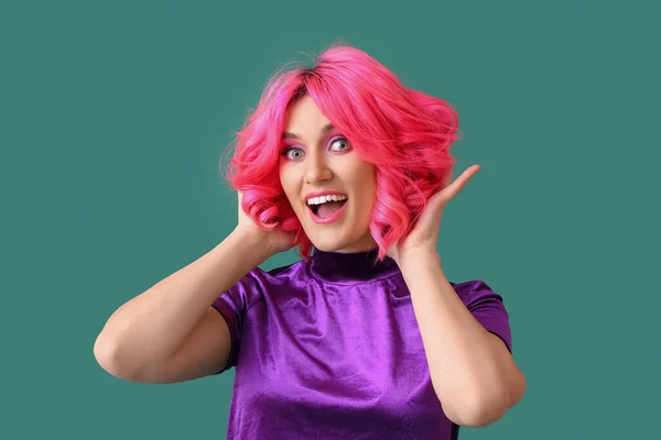 Happy Woman Bright Hair Color Background — Stock Photo, Image