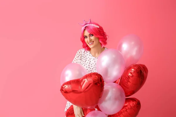 Stylish Woman Bright Hair Air Balloons Color Background Valentine Day — Stock Photo, Image