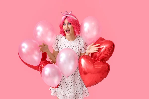 Happy Woman Bright Hair Air Balloons Color Background Valentine Day — Stock Photo, Image