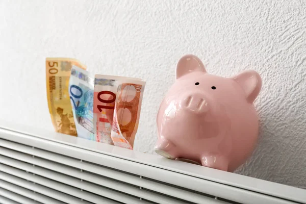Piggy Τράπεζα Τραπεζογραμμάτια Ευρώ Στο Ψυγείο Κοντά Στο Λευκό Τοίχο — Φωτογραφία Αρχείου