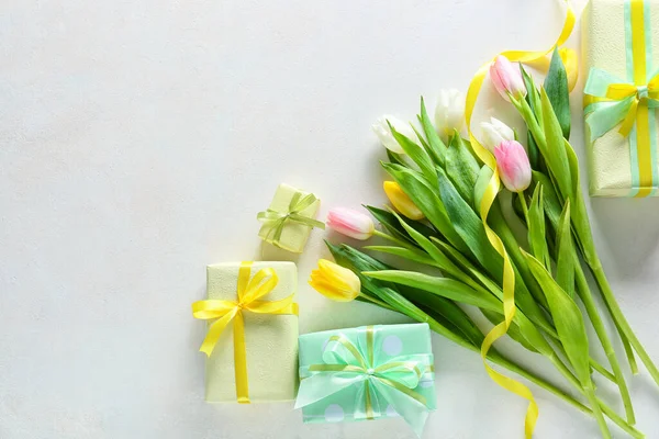 Composition Gift Boxes Flowers International Women Day Celebration White Background — Stock Photo, Image