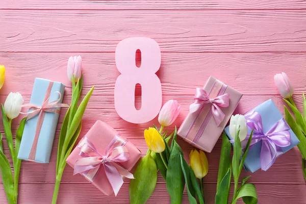 Composição Com Caixas Presente Flores Para Celebração Dia Internacional Mulher — Fotografia de Stock