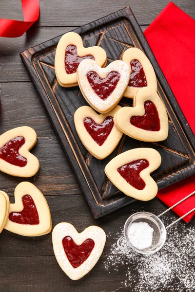 Placa Com Biscoitos Saborosos Geléia Para Celebração Dia Dos Namorados — Fotografia de Stock