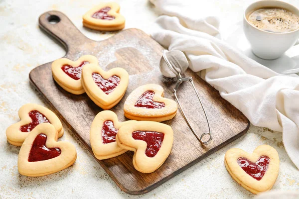 Placa Com Biscoitos Saborosos Para Celebração Dia Dos Namorados Fundo — Fotografia de Stock