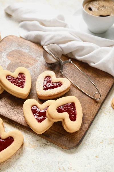 Placa Com Biscoitos Saborosos Para Celebração Dia Dos Namorados Fundo — Fotografia de Stock