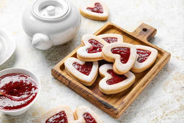 Board Tasty Cookies Valentine Day Celebration Light Background Closeup — Stock Photo, Image