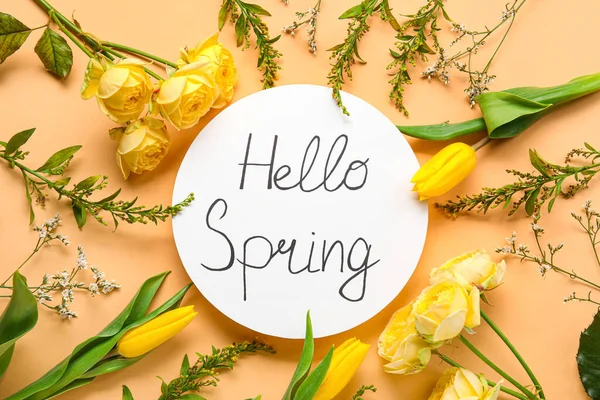 Composition Text Hello Spring Beautiful Flowers Beige Background — Stock Photo, Image