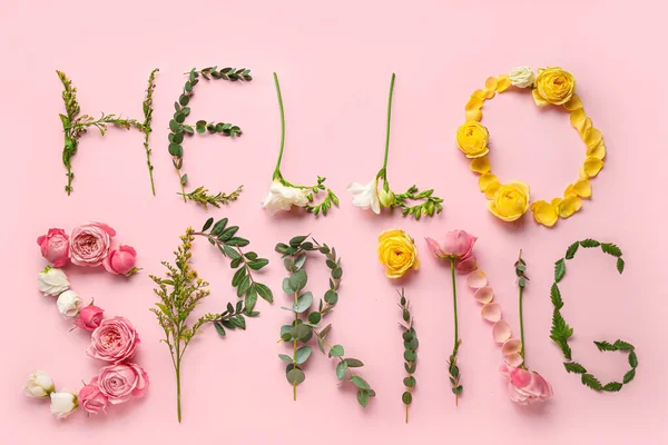 Composition Text Hello Spring Made Beautiful Flowers Pink Background — Stock Photo, Image