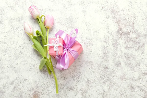 Beautiful Tulip Flowers Gift Boxes Light Background — Stock Photo, Image