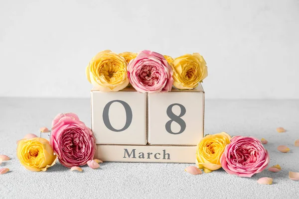 Cube Calendar Date March Beautiful Peony Flowers International Women Day — Stock Photo, Image
