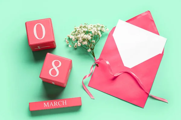 Cube Calendar Date March Opened Envelope Gypsophila Flowers International Women — Stock Photo, Image