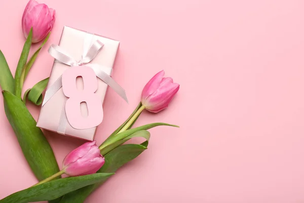 Kompozice Obrázkem Tulipány Dárkovou Krabicí Pro Oslavu Mezinárodního Dne Žen — Stock fotografie