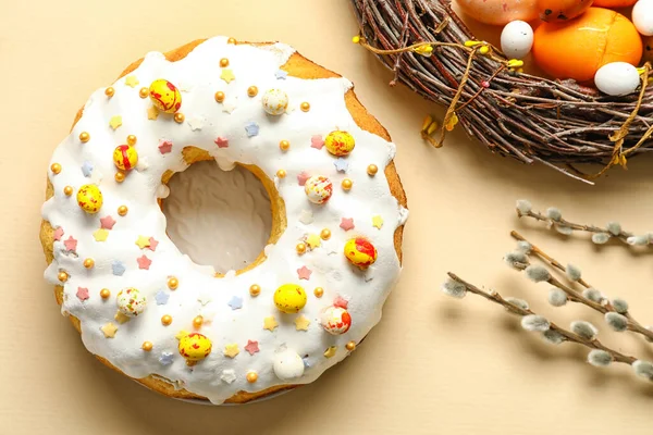 Plate Tasty Easter Cake Pussy Willow Branches Beige Background — Stockfoto