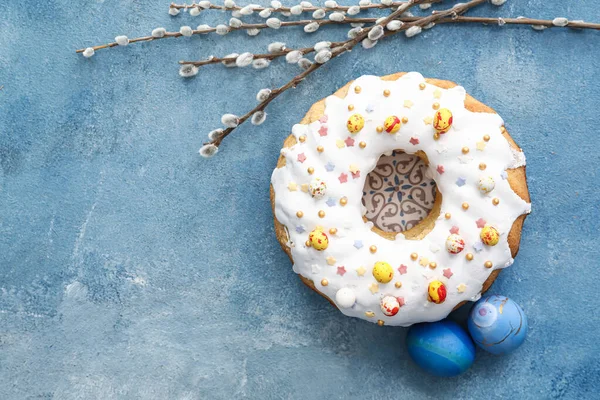 Tasty Easter Cake Pussy Willow Branches Eggs Blue Background — Stockfoto