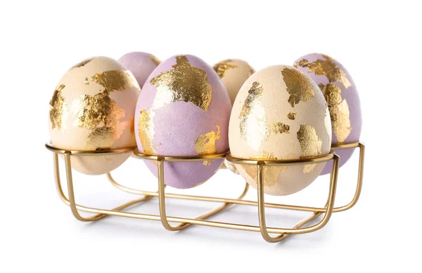 Κάτοχος Πασχαλινά Αυγά Διακοσμημένα Φύλλο Χρυσού Λευκό Φόντο — Φωτογραφία Αρχείου
