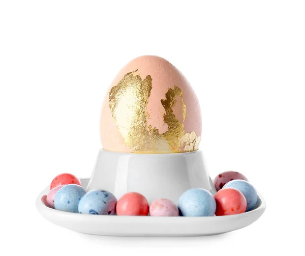 Soporte Con Diferentes Huevos Pascua Sobre Fondo Blanco —  Fotos de Stock
