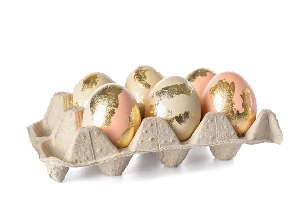 Soporte Con Huevos Pascua Decorado Con Lámina Oro Sobre Fondo —  Fotos de Stock