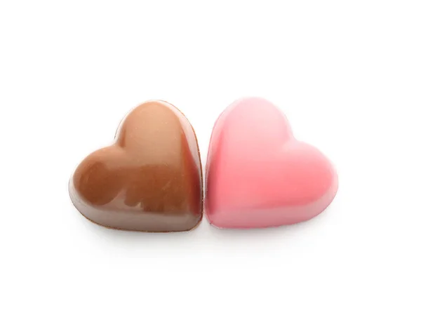 Вкусные Шоколадные Конфеты Форме Сердец Белом Фоне — стоковое фото