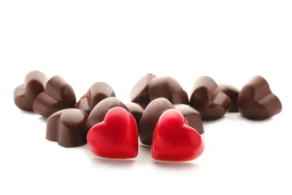 Delicious Chocolate Candies Shape Hearts White Background — Stock Photo, Image